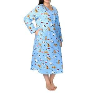 La Cera Blue Dog Cat Flannel Henley Night Shirt Womens Medium